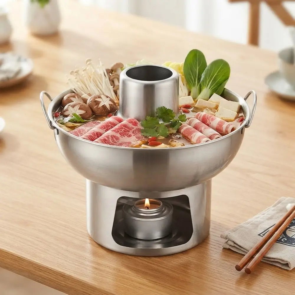 Traditional Stainless Steel Small Hotpot Thickened Double Ear Dessert Hotpot No Electric Large-diameter Charcoal Hot Pot Camping