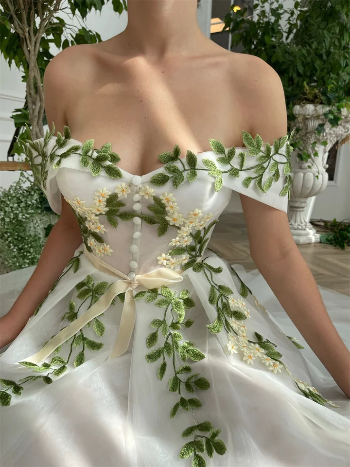 Customized Off Shoulder Leaf Embroidery Button Wedding Dress A