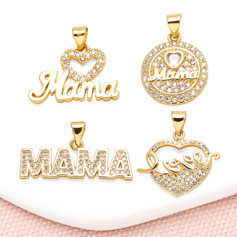 OCESRIO White Crystal Heart MAMA Pendant for Necklace Copper Gold Plated Mothers Day Love Mom Jewelry Making Component pdta637