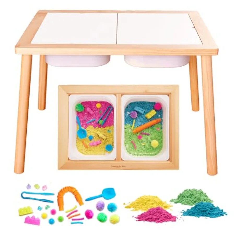 

Indoor toddler sensory table with 29-piece color party accessory kit, plastic bins, blue and pink design, easy-clean surface fo