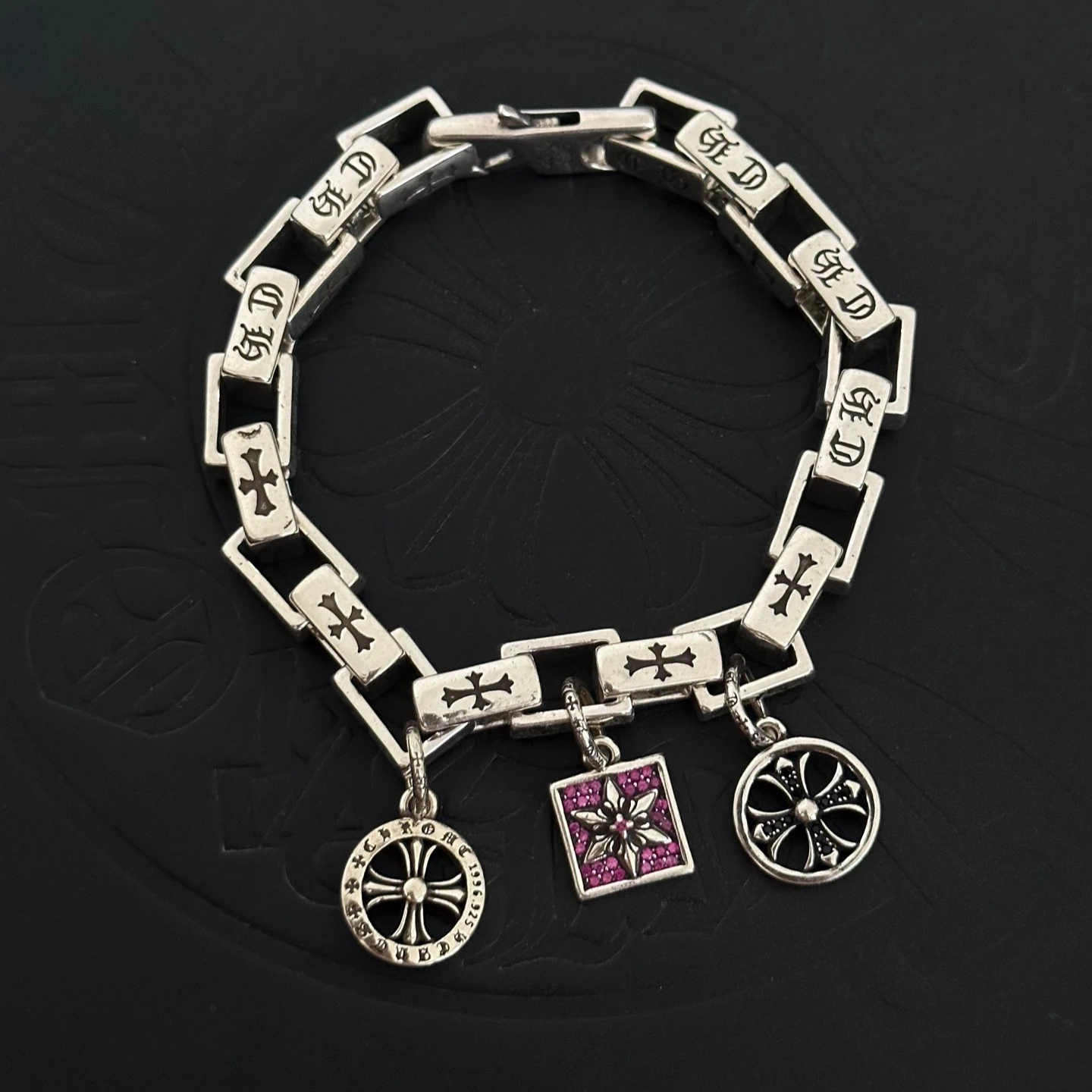 S925 sterling silver charm retro old round brand cross coupling light luxury CH bracelet daily versatile European and American