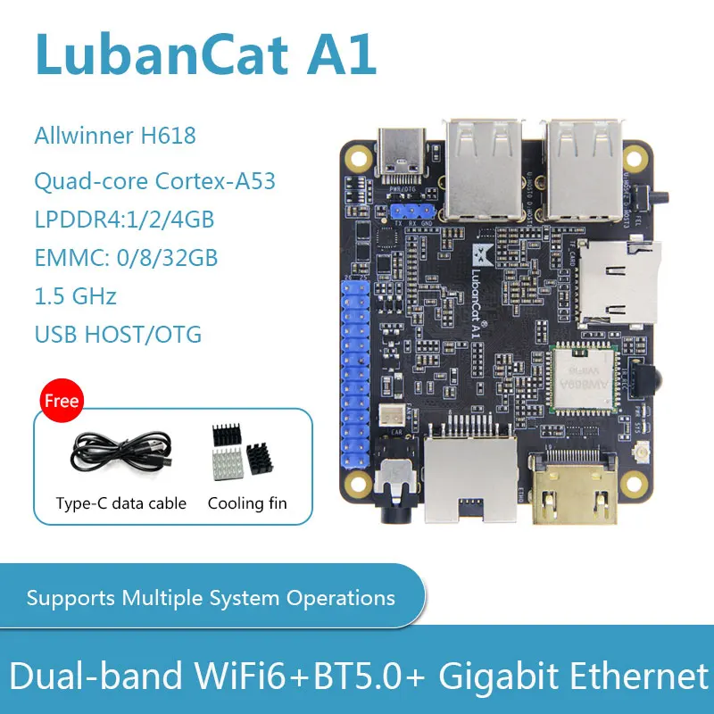 LubanCat A1 Development Board Allwinner H618 Quad core Cortex A53 1.5GHz USB HoST/ OTG Dual-band WiFi6 BT5.0 Gigabit Ethernet