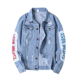 Mens Hi Street Graffiti Ripped Denim Jacket Fashion Streetwear Painted Jeans Coat With Holes Distressed Outerwear Big Size 5XL