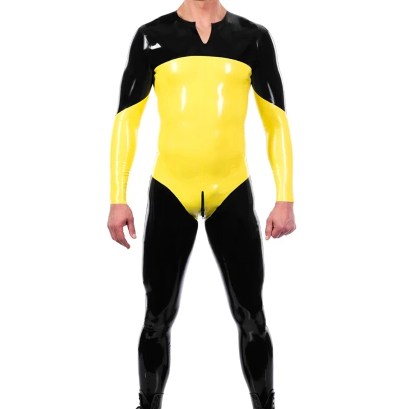 Sexy Latex Catsuit with Socks Front Crotch To Back Zipper Suit Rubber Bodysuit Zentai Overall for Men