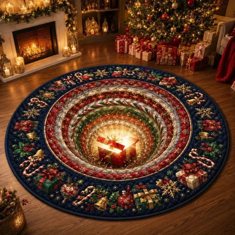 VIKAMA Christmas Round Rug 3D Optical Illusion Santa Fireplace Gift Box for Home Xmas Holiday Living Room Decorative Floor Mat