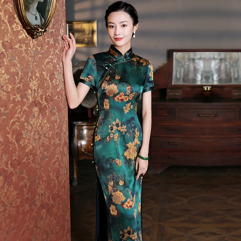 High Quality Real Silk Cheongsam Qipao 2024 New Short Sleeve Women Chinese Button Knots Improved Retro Dress Long