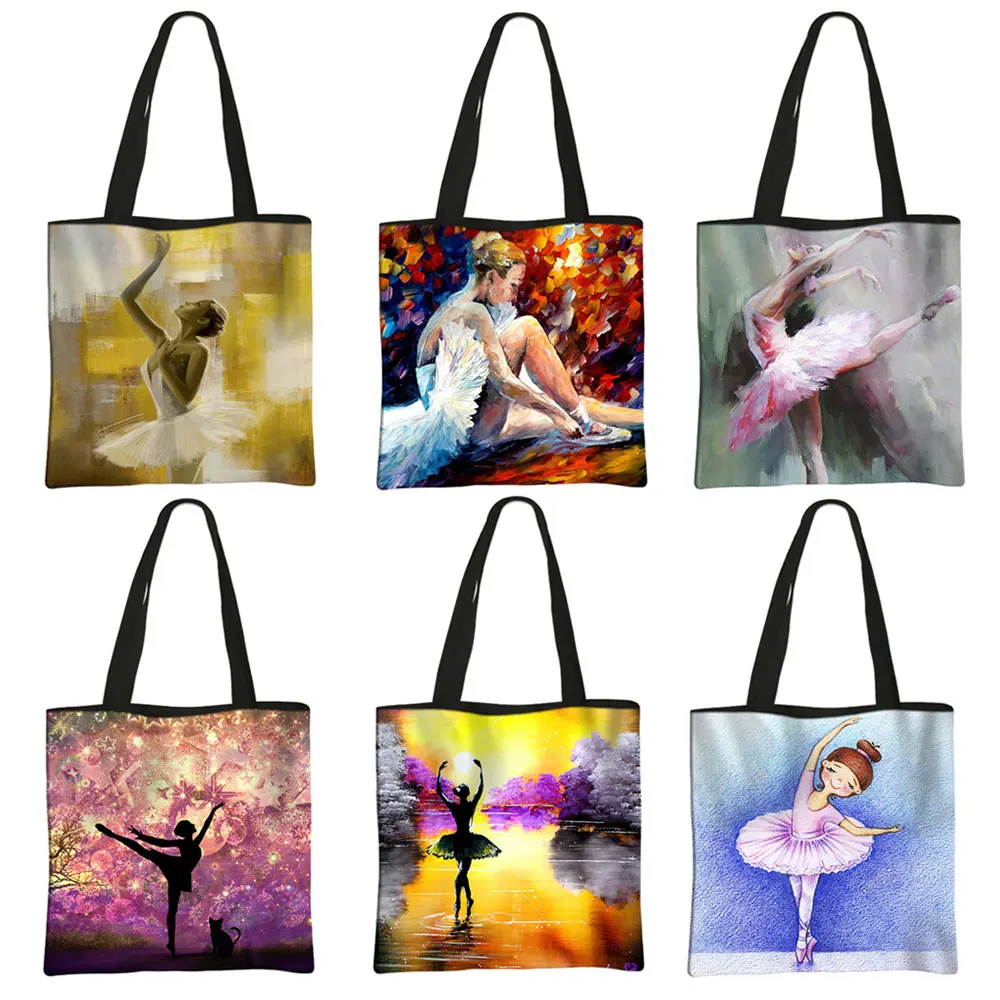 Ballerina Print Shopping Bag Elegant Ballet Dancer Women Handbag Large Capacity Portable Shoulder Bags Reusable Shopper Bag