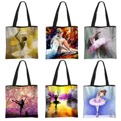 Ballerina Print Shopping Bag Elegant Ballet Dancer Women Handbag Large Capacity Portable Shoulder Bags Reusable Shopper Bag