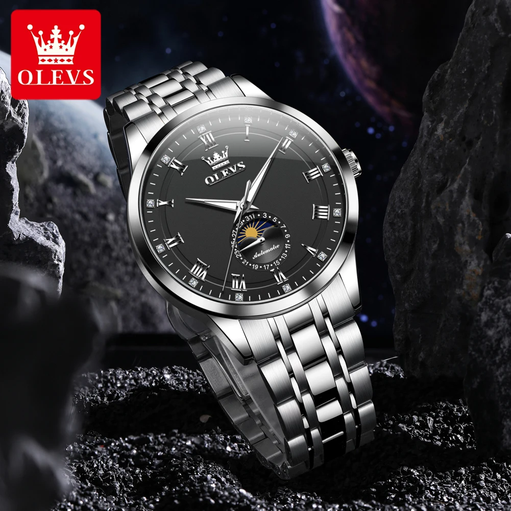 OLEVS 7063 القمر المرحلة التلقائي الميكانيكية ساعات رجالية الفولاذ المقاوم للصدأ 30 متر مقاوم للماء ساعة مضيئة الأصلي الفاخرة رجل ساعة #4