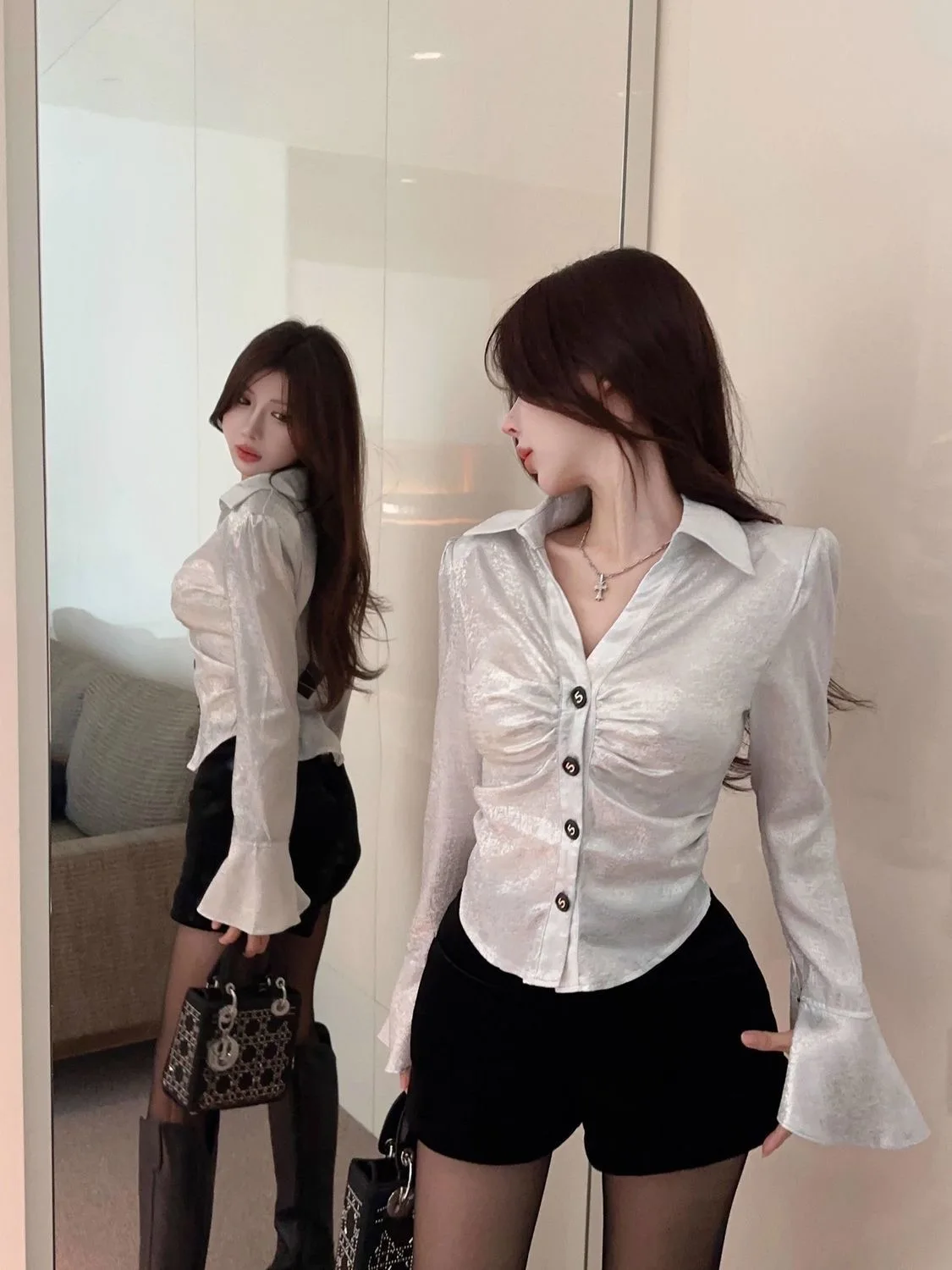 

Chic Collar Long Sve Slim Fit irt Women's Faion Spring orm Sexy Sister Top Unique Beautiful Flared Sve irt