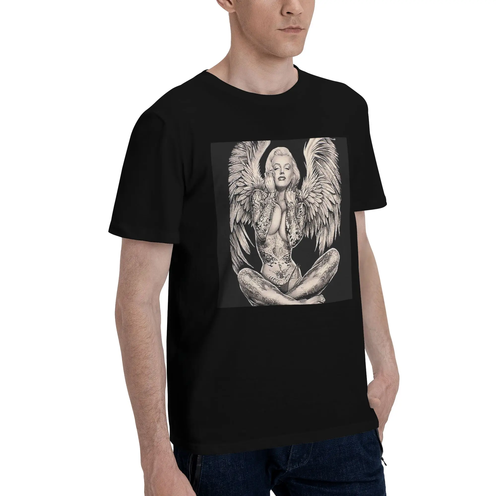 

Marilyn Vintage Abstract Tattooed Angel Men T-Shirt Oversized T Shirts Men's Crew Neck Cotton Tees Short Summer Male