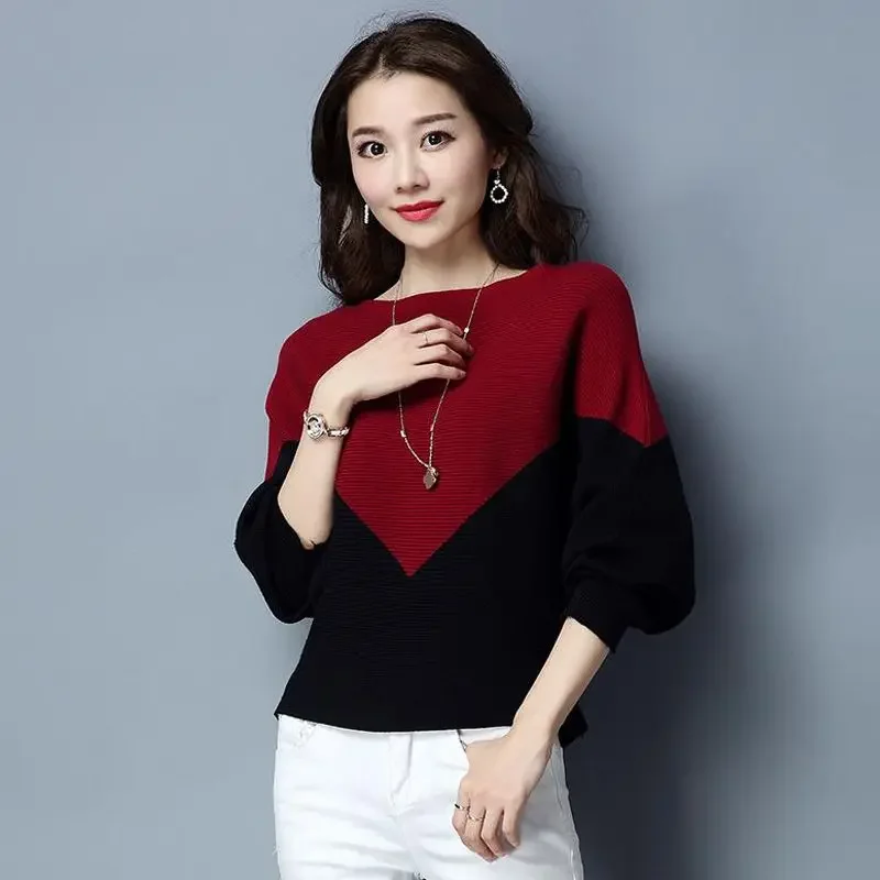 

Vintage Contrast Patchwork Pullovers Spring Autumn Long Sleeve Slash Neck Loose Knitting Sweaters Fashion Elegant Women Clothing