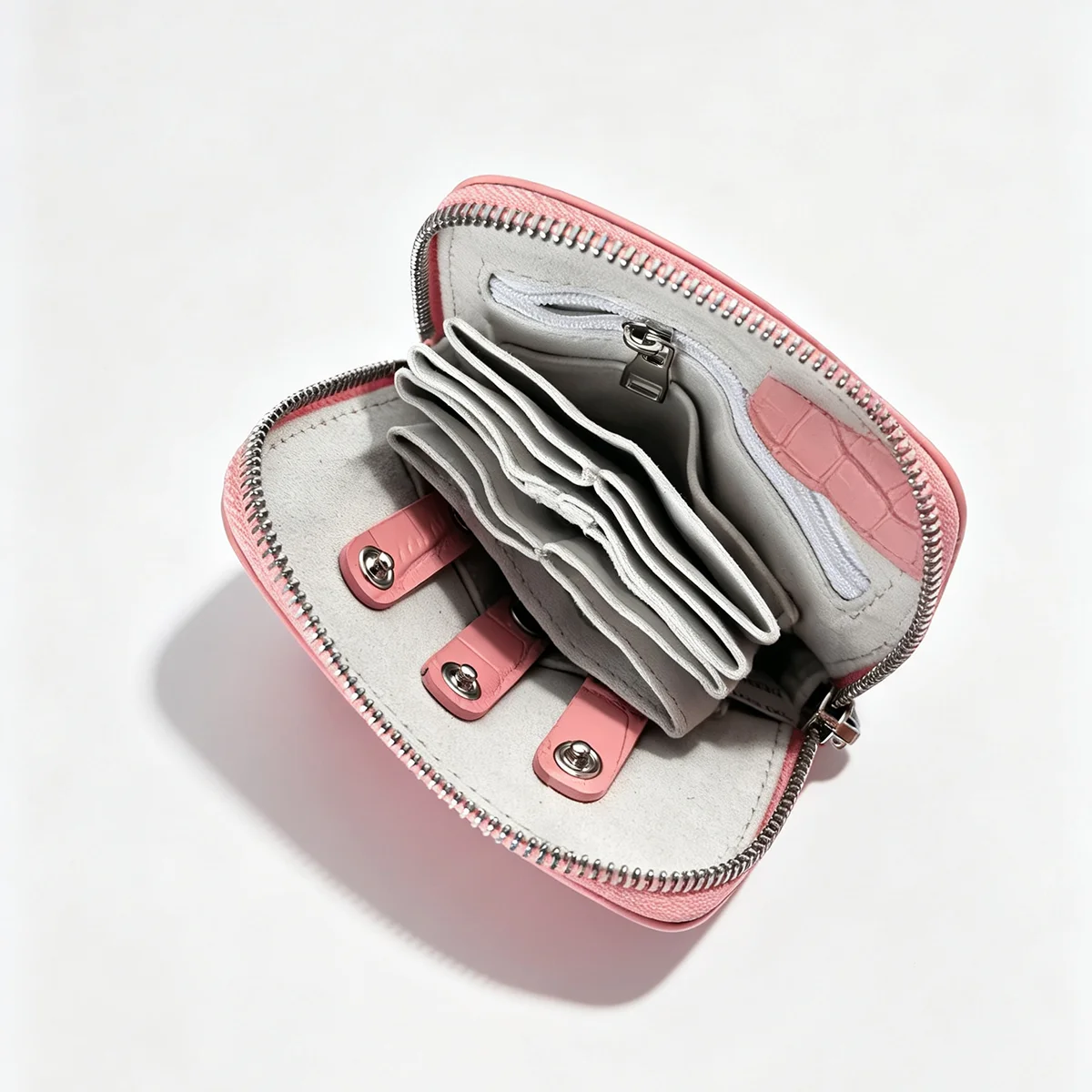 Geprägter Kosmetikbeutel aus Leder mit Krokodil-Optik, großer Stauraum, mehrere Taschen, Handtaschen-Organizer für Toilettenartikel, Reise, rosa Ausführungen. – Detail 31