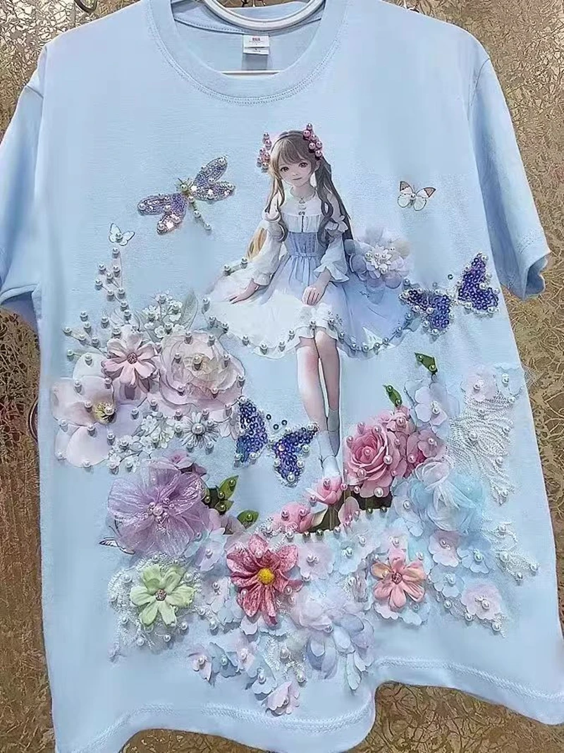 Luxury Beaded Flowers Stitch Cotton Tshirt 2025 Summer Women's Short-sleeved T-shirt Casual Loose Tops Tees T Shirt