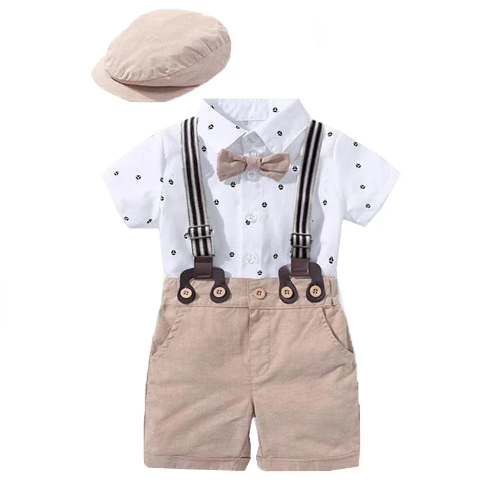 

Newborn Boys Gentleman Outfit Set - Baby Tie Bow Hat, Sailboat Romper, Shorts Belt - Infant Kid Clothing