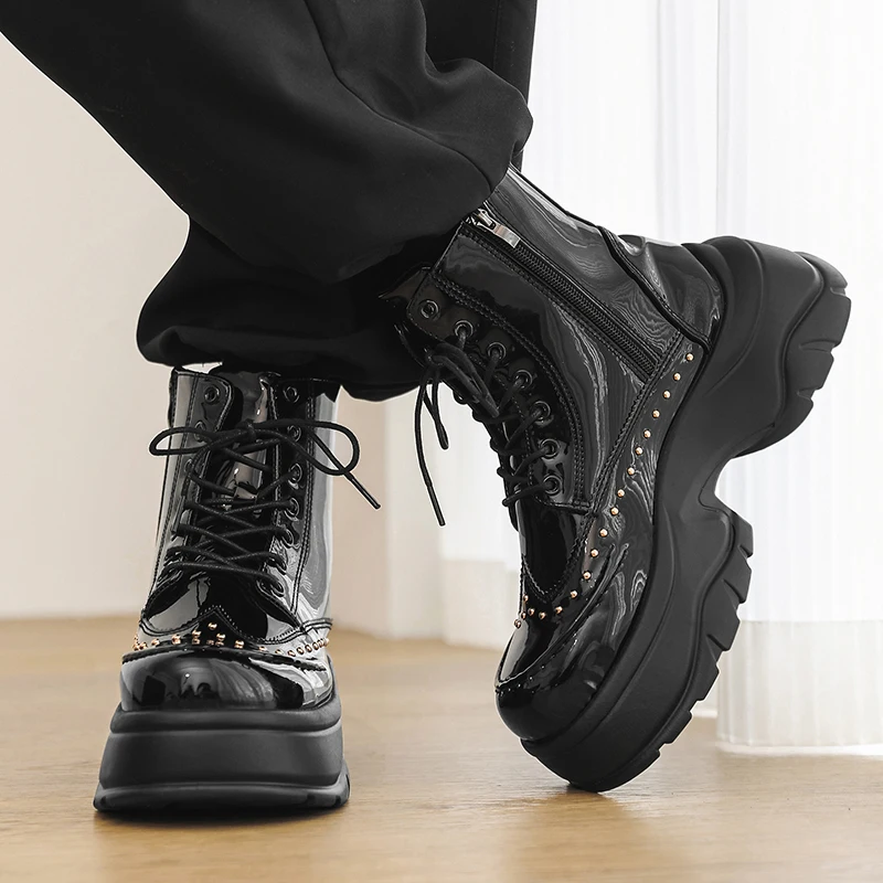 

Men's casual boots Thick bottom height increasing style Autumn and Winter Fashion Streets high top leather shoes Black -46
