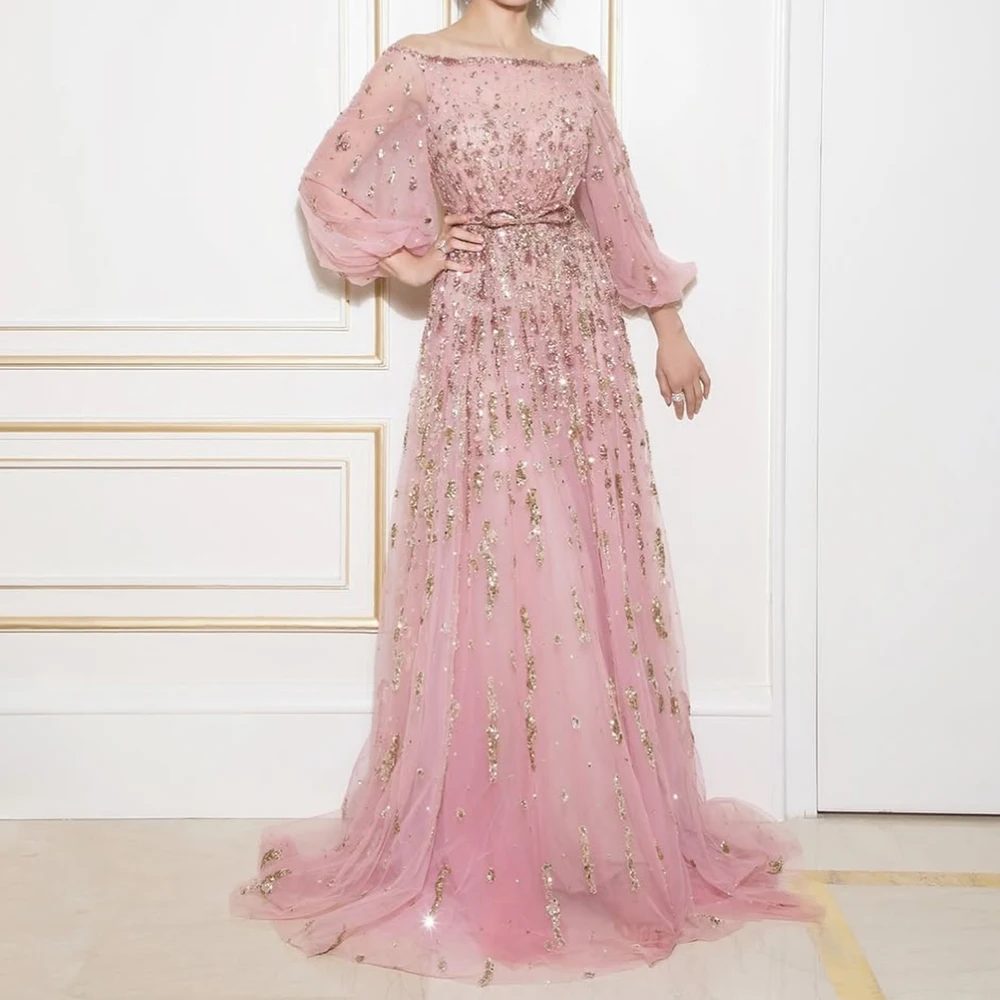 

Women's Blush Tulle Off-the-Shoulder Evening Dress Puff Sleeve Gold Sequin Belted Train Formal Gown for Prom Gala Wedding Guest