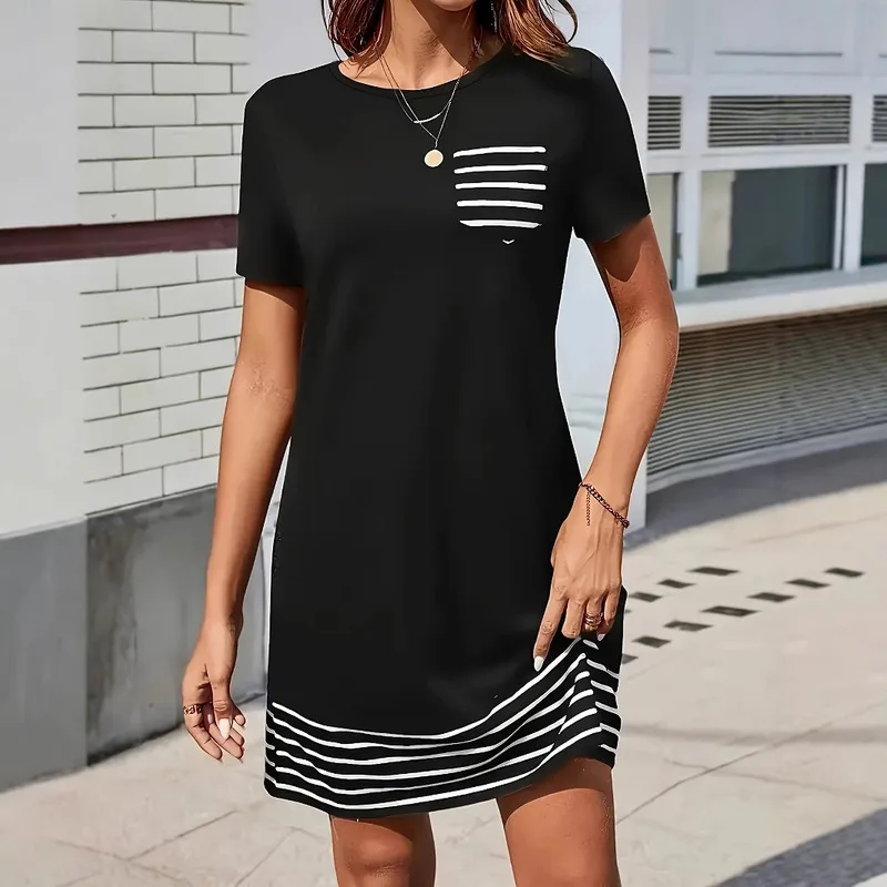 

Elegant Striped Print Plus Size Top Pocket Design Round Neck Loose Fit Spring Summer Dress Comfortable Casual Flowy Fabric