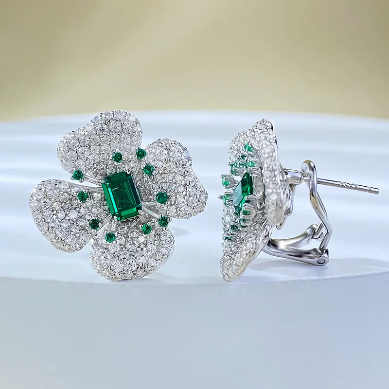 KQDANCE Luxury 925 Sterling Silver With Emerald Green High Carbon Diamond Gemstone Flower Clip Earrings Women Fine Jewelry