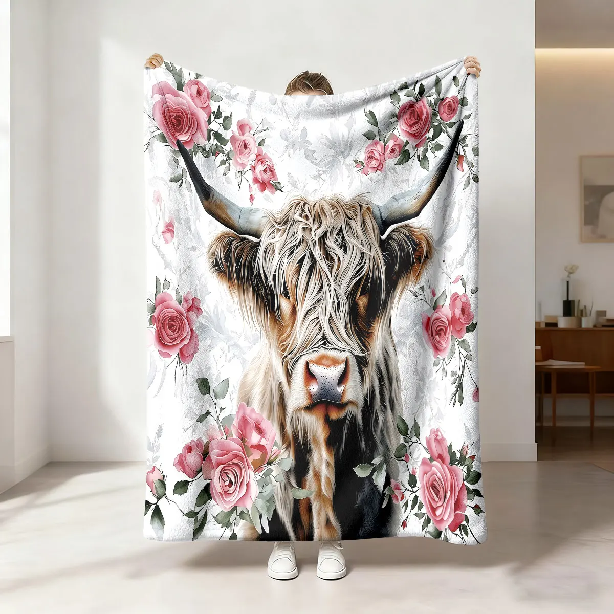 1pc Floral Highland Cow Print 230 Flannel Blanket In Multiple Sizes Soft And Comfortable Sleeping Blanket Machine Washable