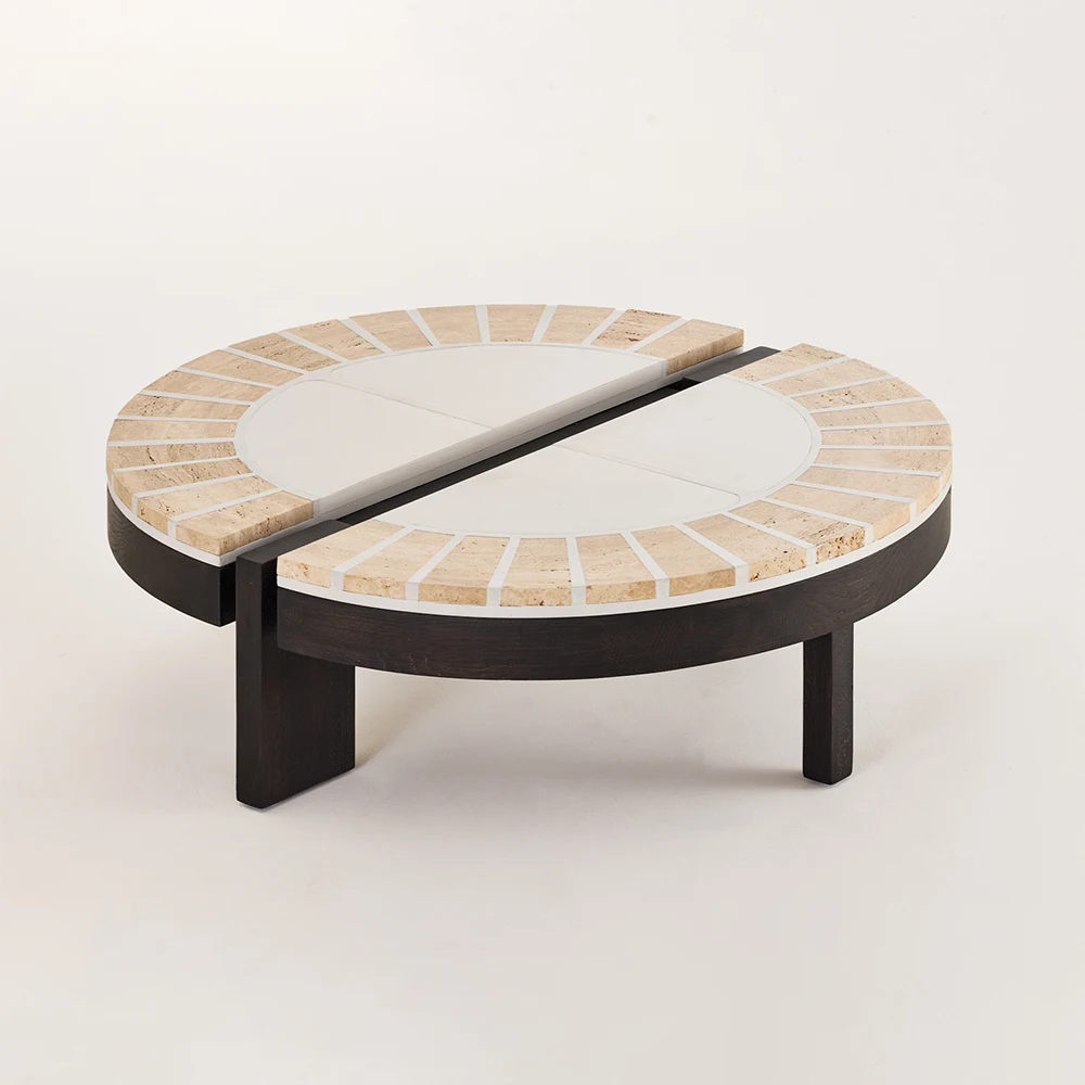

Modern Minimalist Recycled Oak Round Coffee Table, Cement Tabletop with Wooden Legs