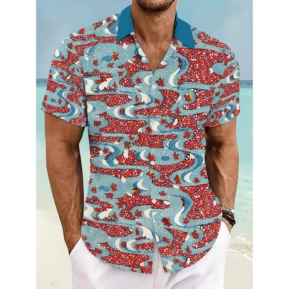Japanese Ukiyo-E Style Swirl Water Red Leaf Graphic Men Short Sleeve Button Down Vacation Shirt