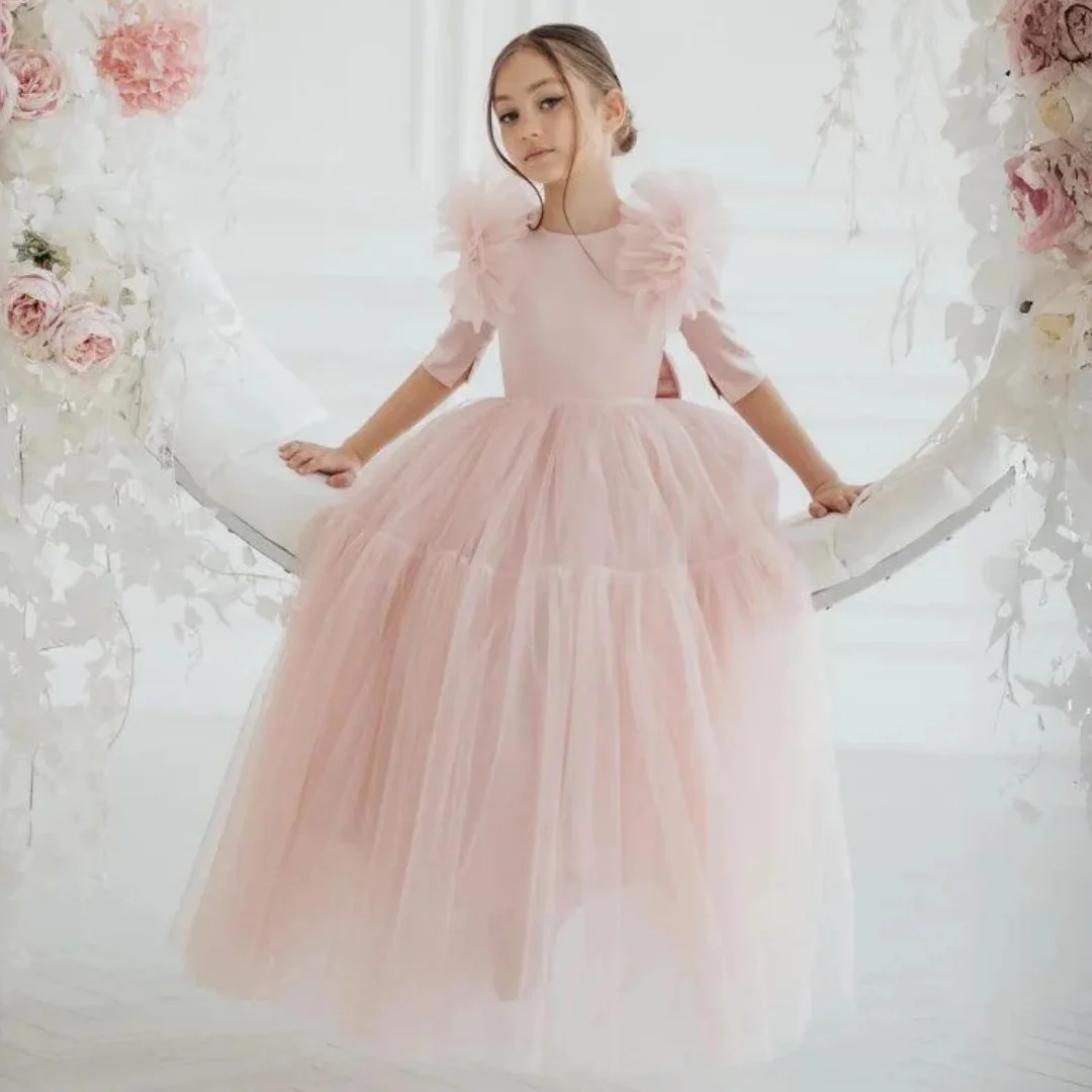 Customized Light Pink  Flower Girl Dresses Tulle With Bow Half Sleeve For Wedding Birthday Party Banquet Princess Gowns