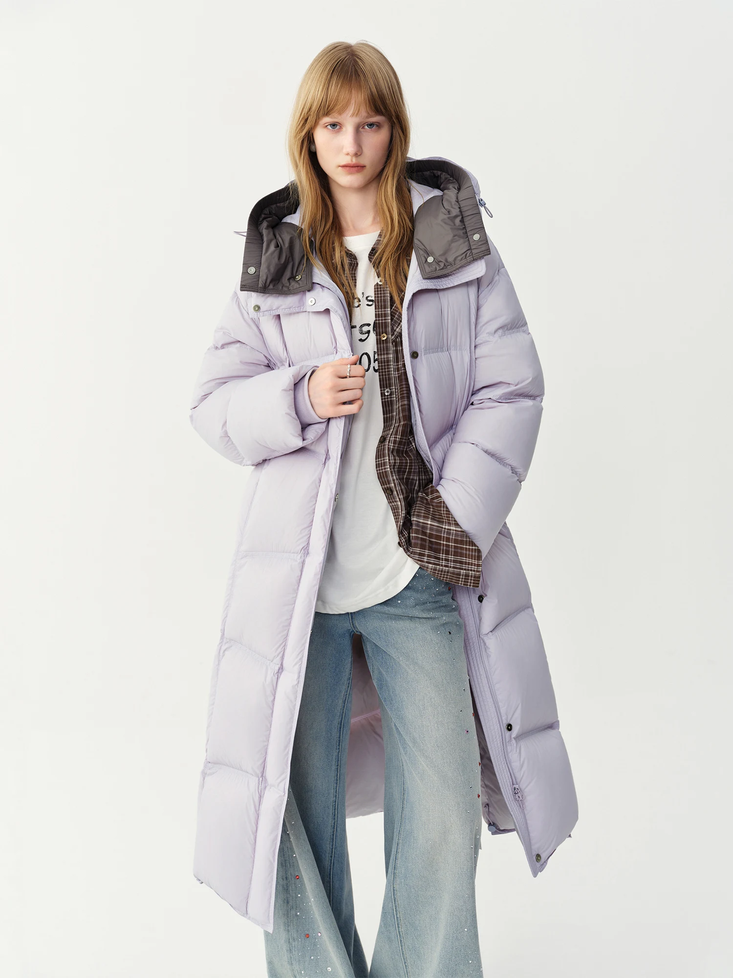 FSLE 2026 Winter Women Long Hooded Bread Puffer Downcoat Jacket Color Block Warm Quilted Down Coat Streetwear Thick Outdoor Coat