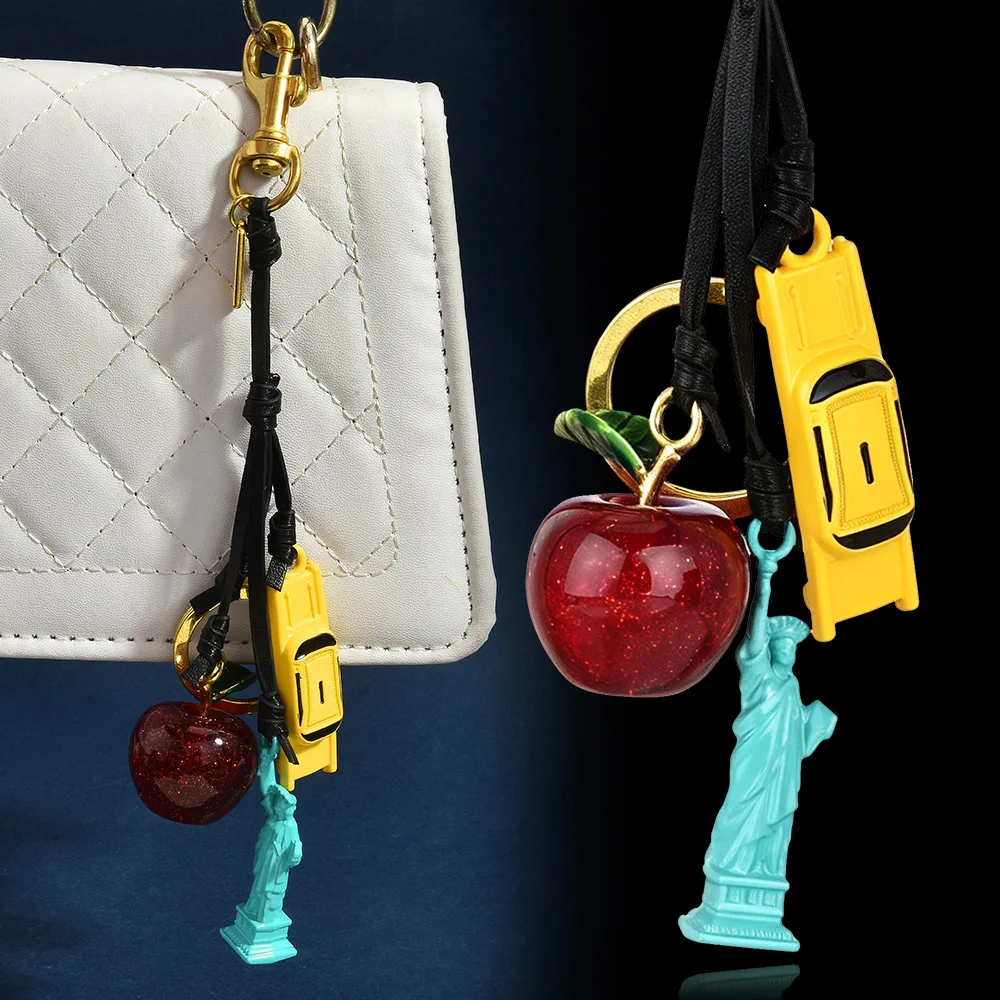 New York City Bag Charm Leather Cord NYC Taxi Statue Of Liberty Apple Keychain Multi Charm Purse Pendant Gift For Women Handbag