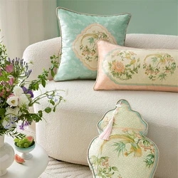 New Chinese Pillow Romantic Flower Bird Decorative Cushion for Sofa Short Plush Fan-shaped Bedside Cushion Waist Pillowcase