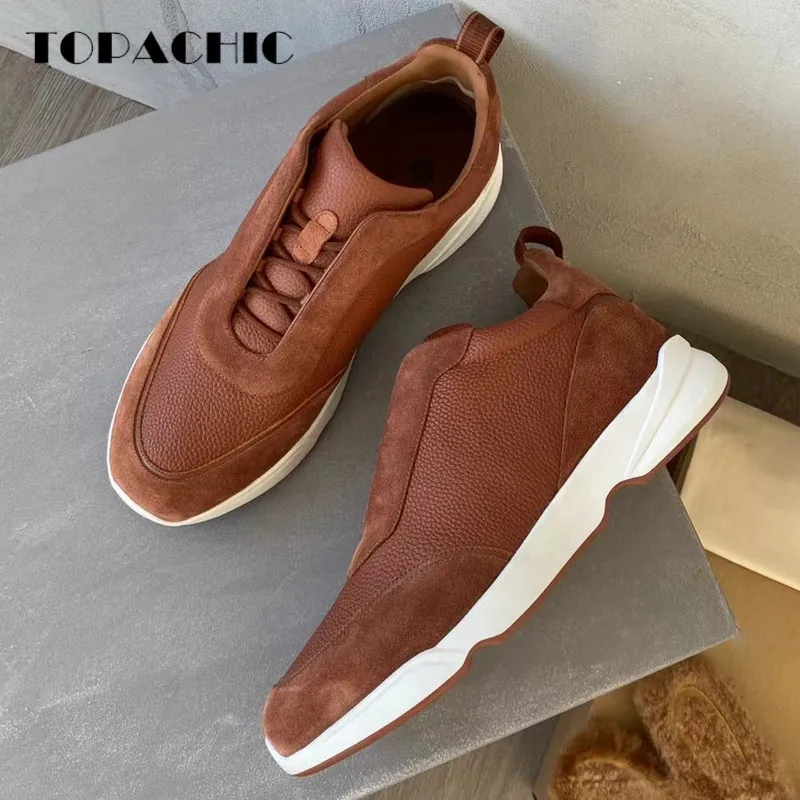 9.11 TOPACHIC Men Fashion New Sneakers Cowhide Spliced Lace-up Round Top Thick Sole Hard-Wearing Casual Shoes