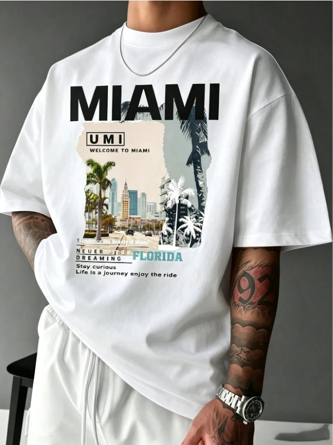 2026 New Hip Hop Family Matching Unisex Oversized T Shirt Streetwear Miami Florida City Palm Tree Collage Graphic Tee