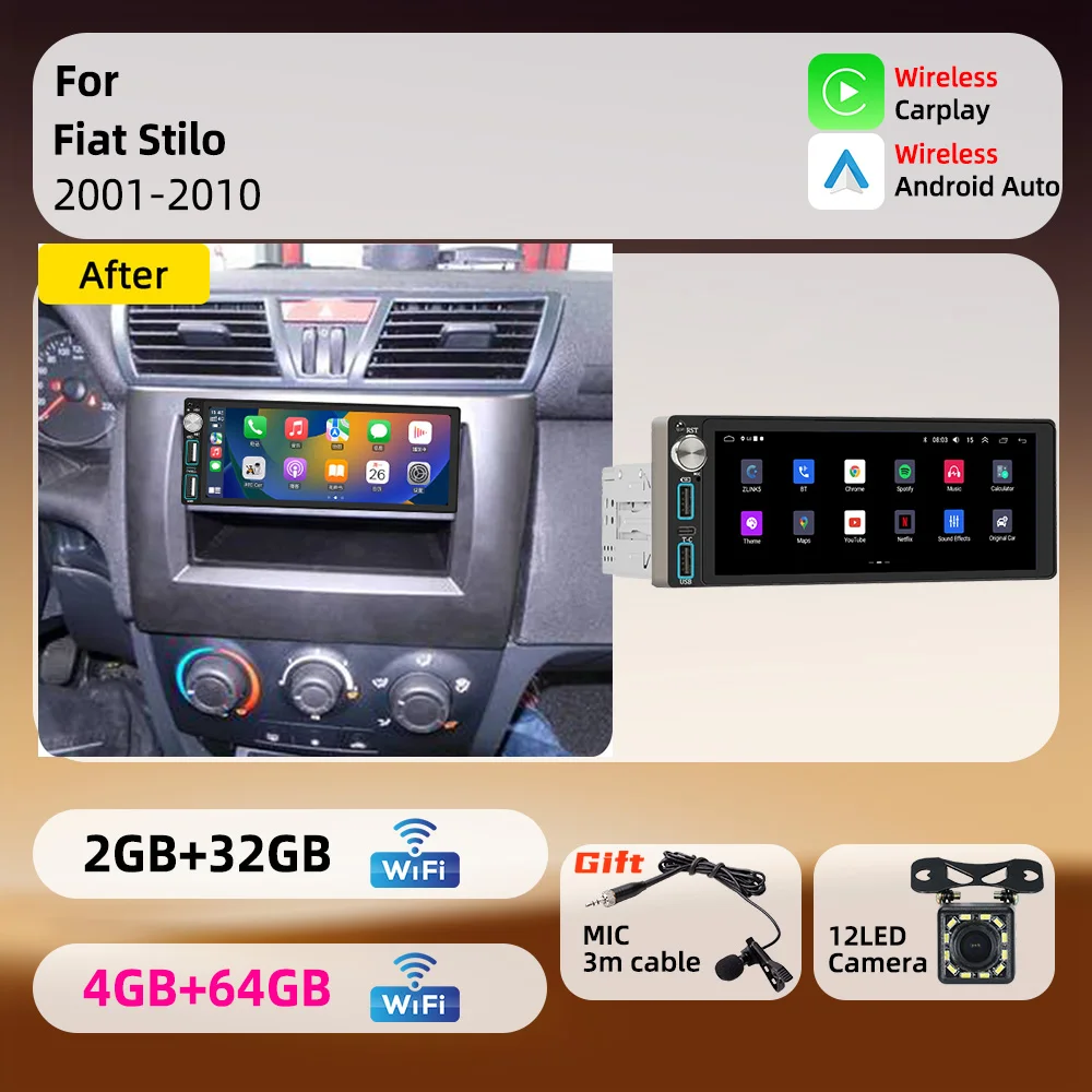 For Fiat Stilo 2001-2010 Android 1Din Car Stereo 6.86 inch Screen Carplay GPS Car Multimedia Autoradio Radio Head Unit