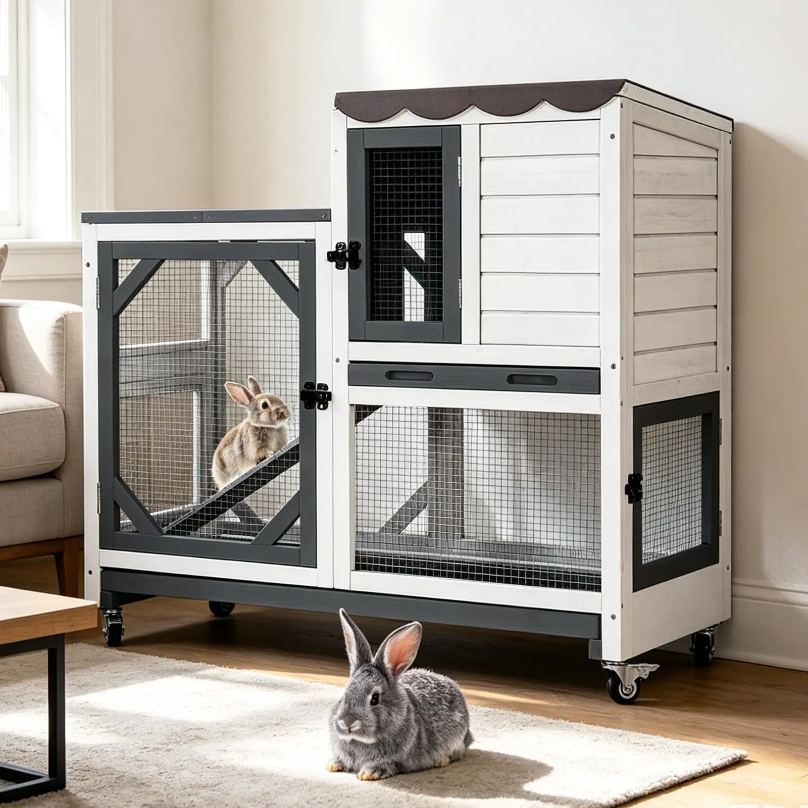 Large Rabbit Hutch Outdoor, 2-Tier Bunny Hutch with Wheels and Waterproof Roof, Wooden Guinea Pig Cage with Leak-Proof