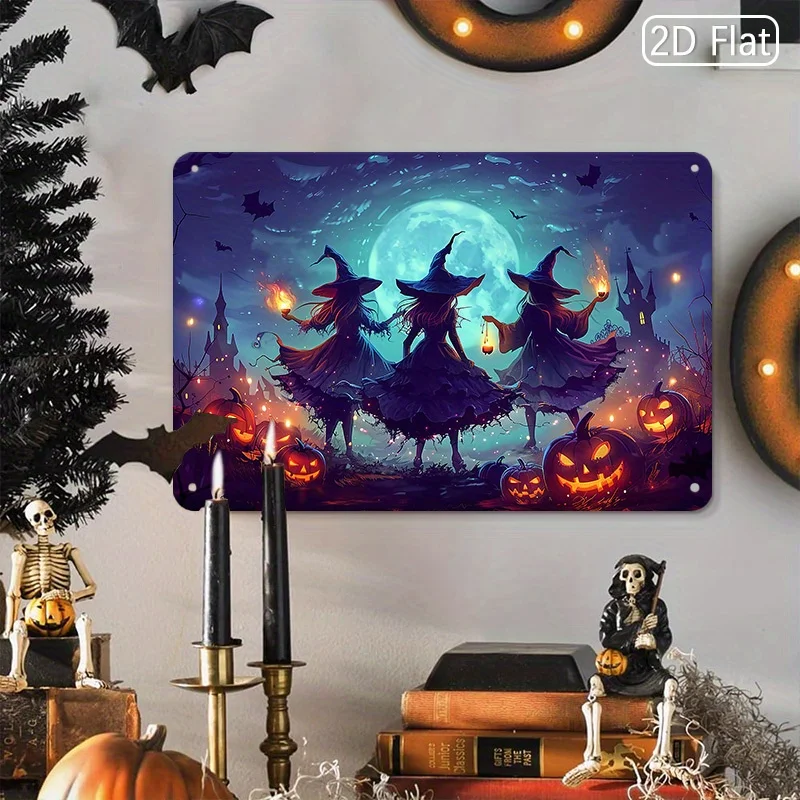Witches - Moon - Jack - o - Lanterns Tin Sign, Mystical Decorative Plaque - Witches under Moon with Jack - o - Lanterns - Enig