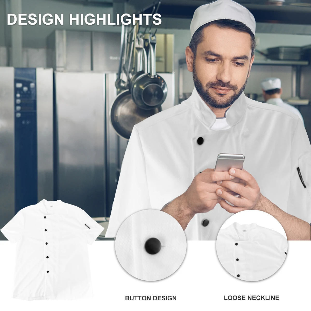 통기성 메쉬 셰프 유니폼 반팔 단색 요리사 작업복 구김 방지 주방 의류 레스토랑 호텔 셰프용