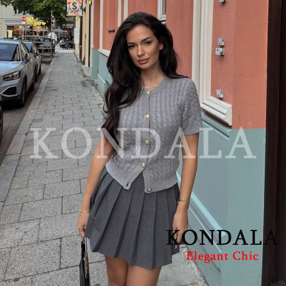 KONDALA Women High Street Knitted Jacket O-Neck Single Breasted Short Sleeve New Fashion 2026 Spring Summer Trendy Knitted Tops