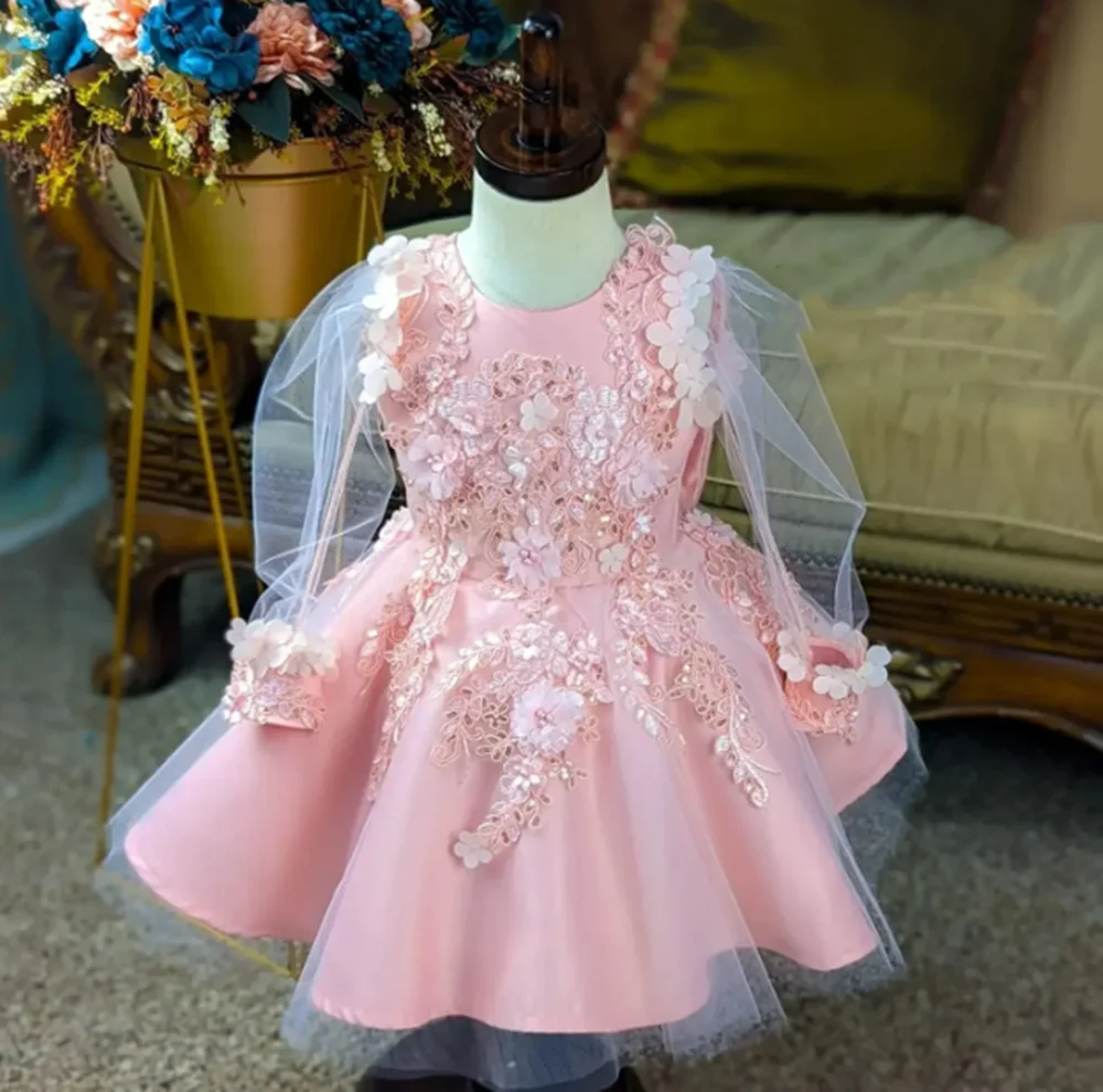 

Customized Pink Flower Girl Dresses For Wedding Appliques Floral Appliques Full Sleeves Cute Little Girl Birthday Party Gown