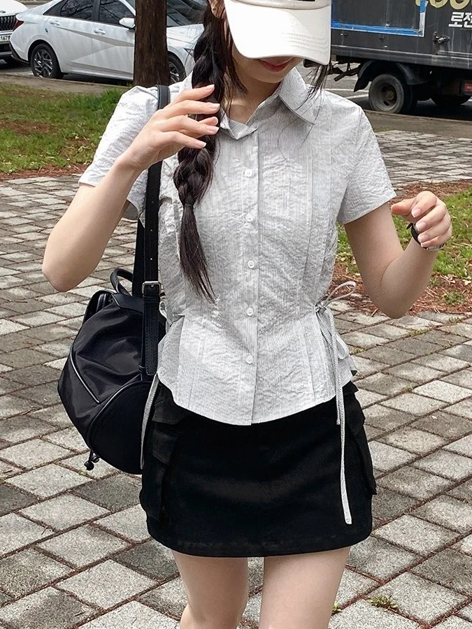 

Korean Style Women's Shirt Summer Elegant Striped Belted Single Button Neck Short Sleeve Commute Casual Loose Fit