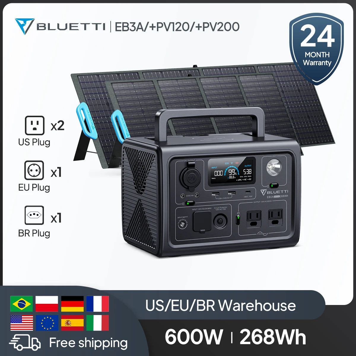 جهاز Bluetti EB3A PV120 PV200 600 واط 268Wh محطة الطاقة المحمولة UPS التخييم RV الخيام التلفزيون بدون طيار أجهزة الكمبيوتر المحمولة 120 واط 200 واط لوحة للطاقة الشمسية