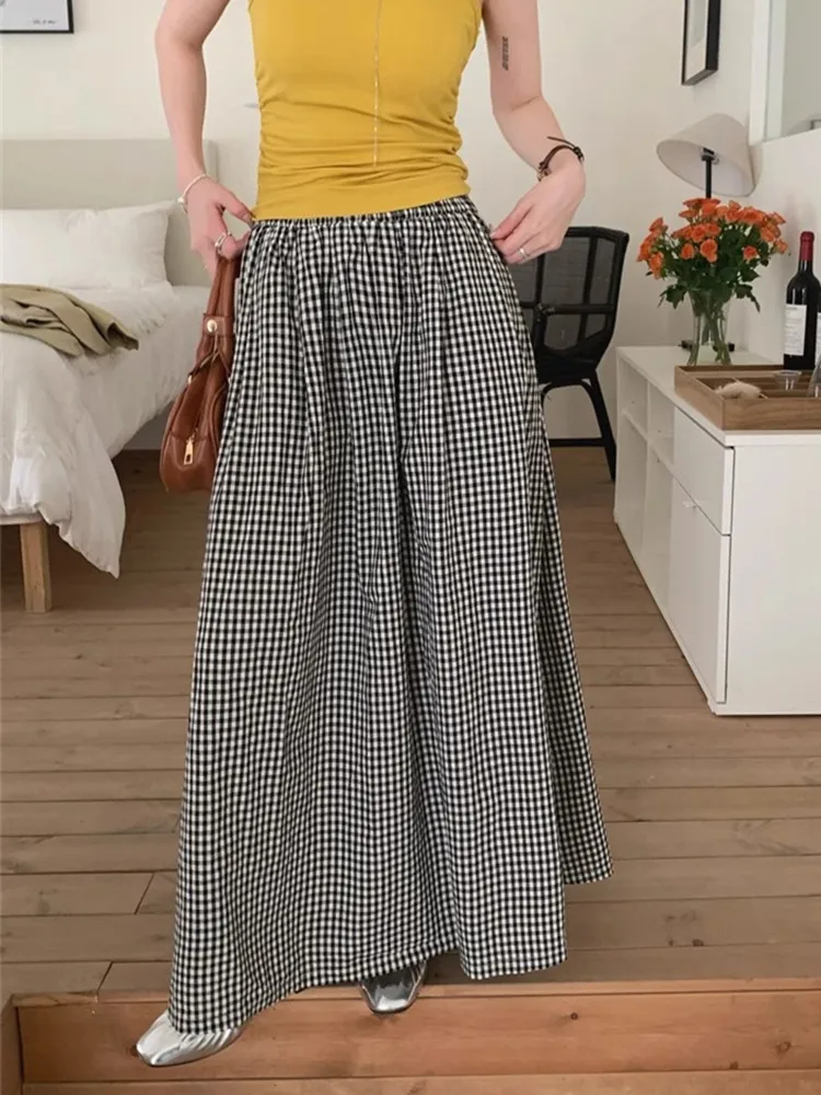 GUUZYUVIZ Retro Plaid Long Skirt Women Korean Fashion Casual A-line Skirts