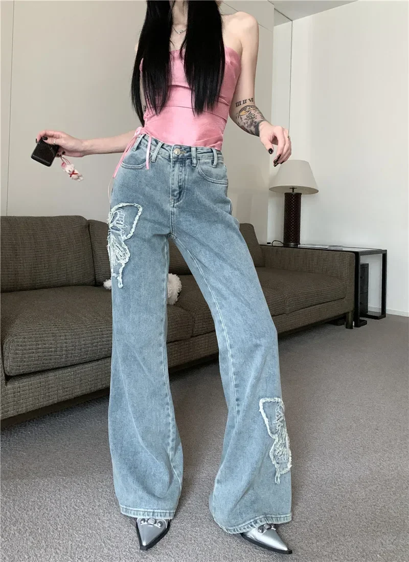 

Embroidered Flared Jeans Straight Low Rise Jeans Vintage Harajuku Baggy Jeans Streetwear Denim Elegant Woman Clothes