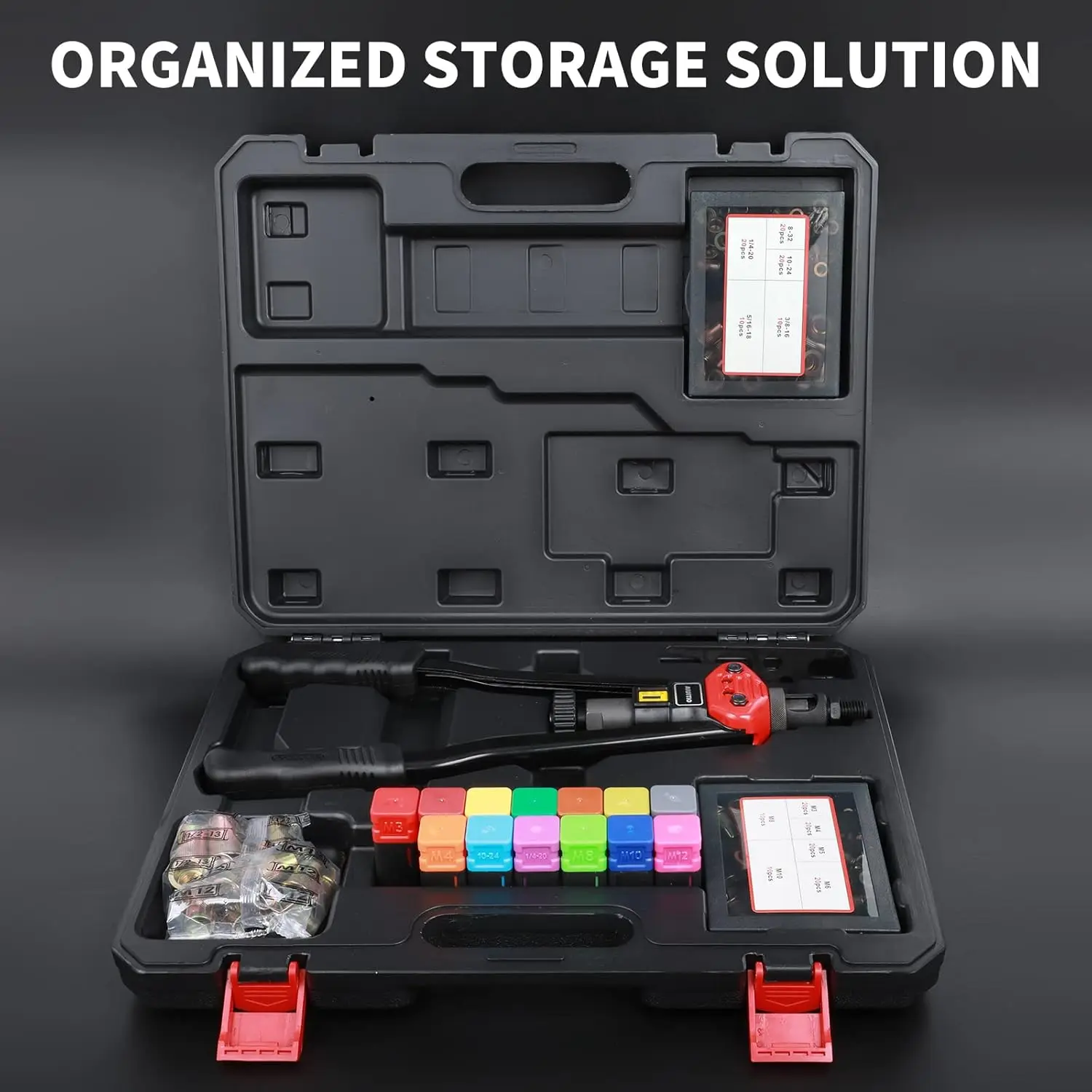 16" Rivet Nut Tool Kit with 13 Metric/SAE Mandrels, 200Pcs Rivnuts, and Rugged Case for Metal and Plastic Work