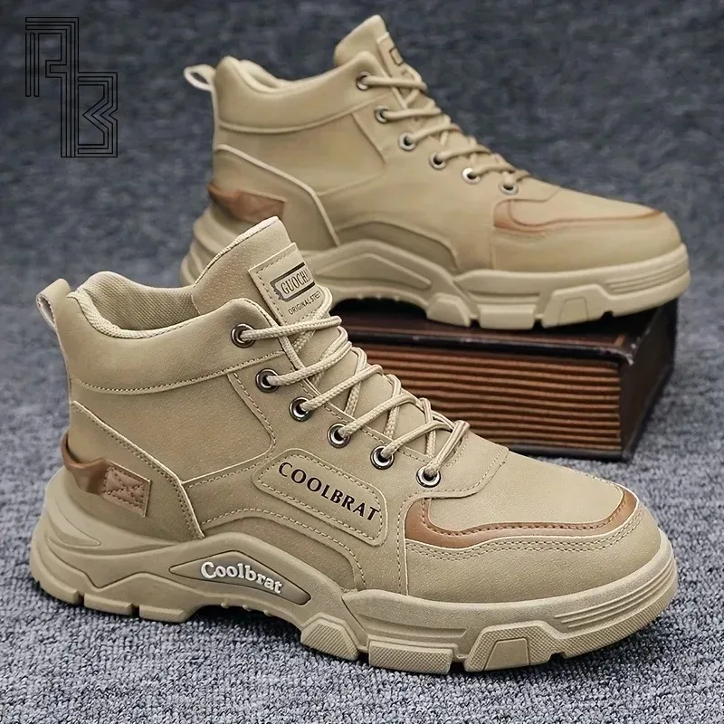 Zapatos de primavera y otoño para hombre, nuevos zapatos de trabajo de suela gruesa modernos y versátiles, botas altas antideslizantes de moda