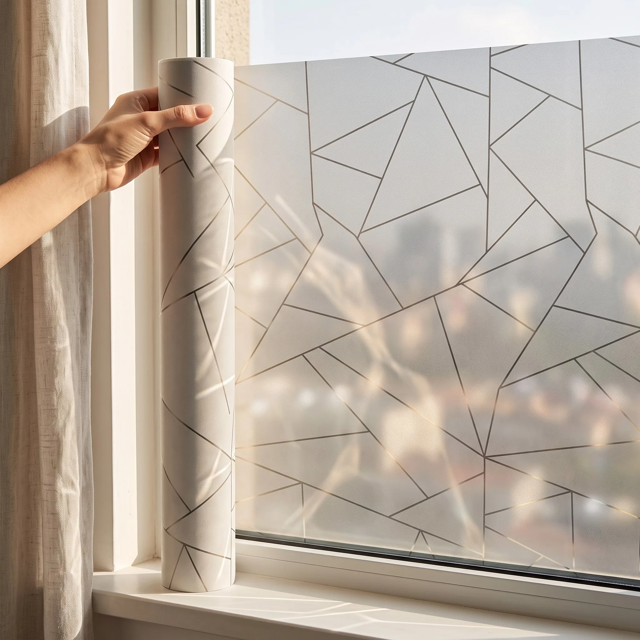 Geometric Abstract Static Cling Window Film No Glue Frosted Privacy Glass Film, Modern Line Decor for Bathroom Office Partition