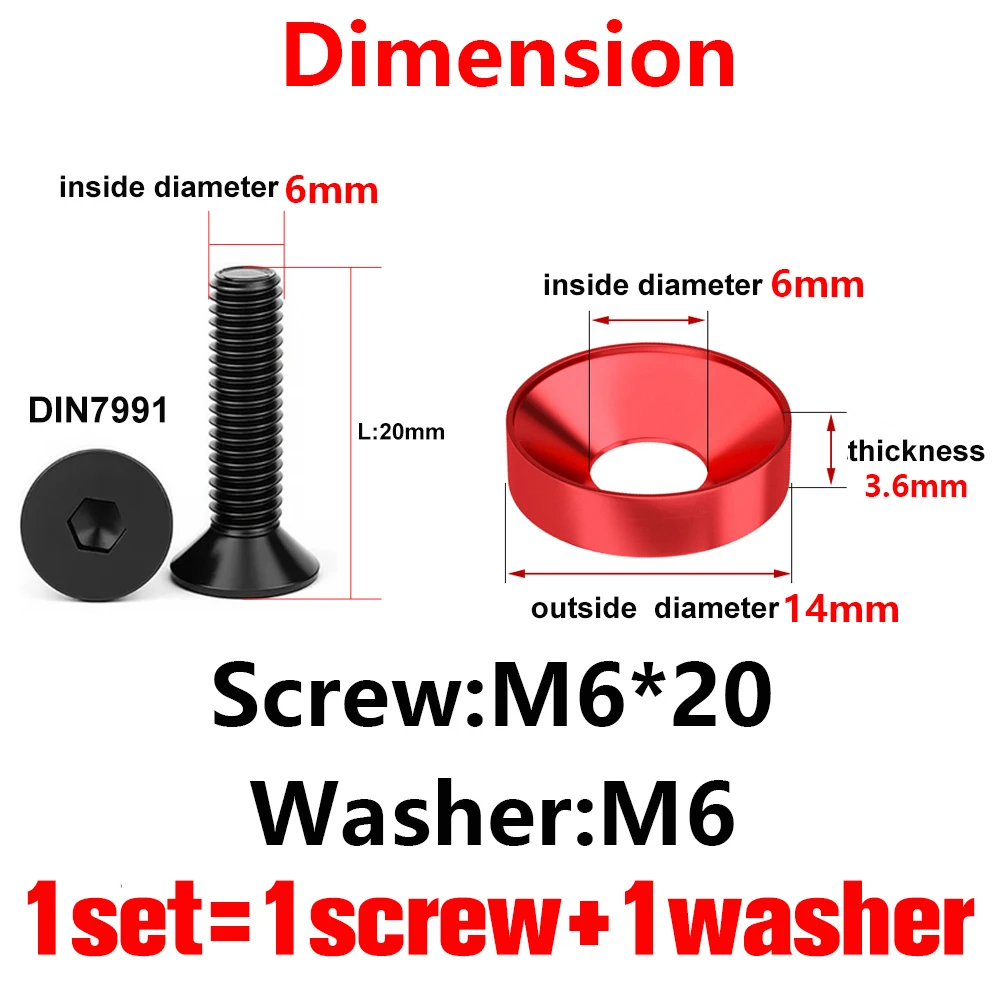 M6 Colorful Aluminium Alloy Spherical Conical Fender Washer Gasket DIN7991 Hex Bolt Concave Screw for Bumper Engine Modification