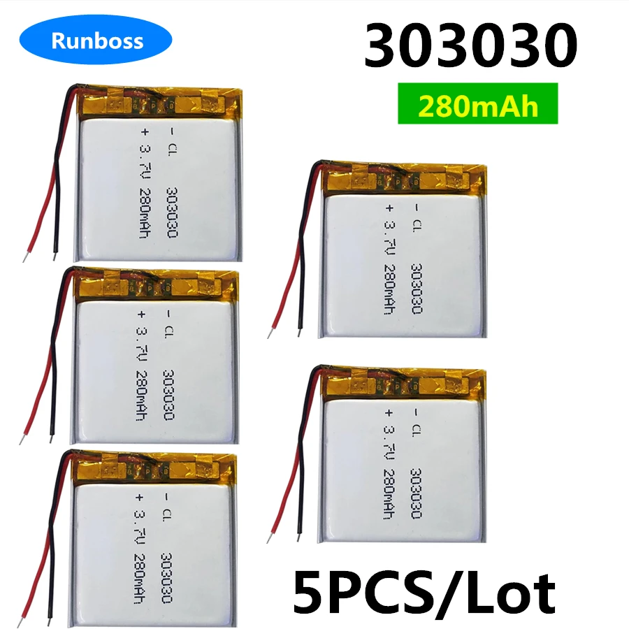 5 PCS 3.7V 280mAh 303030 Lithium Polymer LiPo Rechargeable Battery For Mp3 GPS Bluetooth Headphone Headset Smart Watch 3*30*30mm