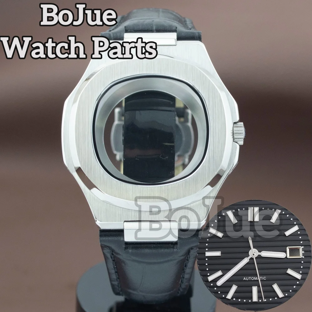 

Stainless Steel Sapphire Glass Watch Case NH35 Case Black Leather Strap for NH35 NH36 NH38 Movement Nautilus Watch Case Parts