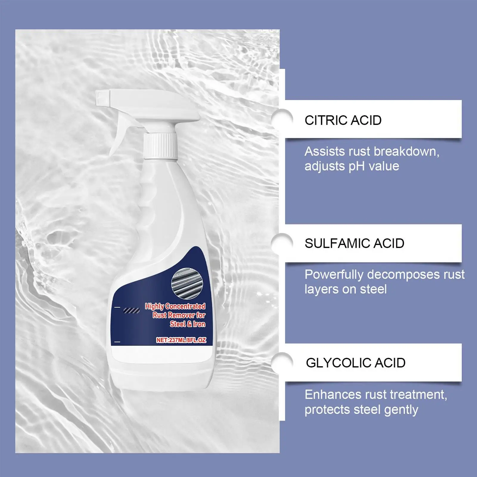 Spray Eliminador de Óxido para Autos de 237 ml, Eliminador de Oxidación de Hierro de Acción Rápida, Restaura el Brillo, Seguro para Varias Superficies como Fregaderos y Hornos de Metal