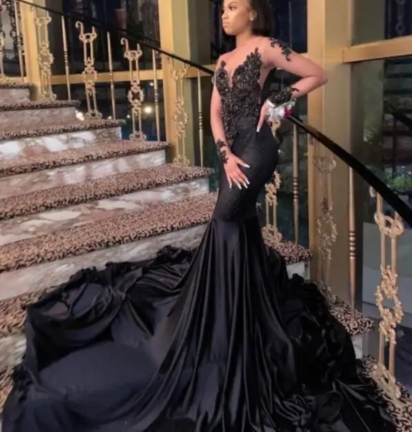 

Black African American Prom Dresses Mermaid Long Sleeves Appliques Black Girls Nigeria Robe De Soiree Evening Dress Gown